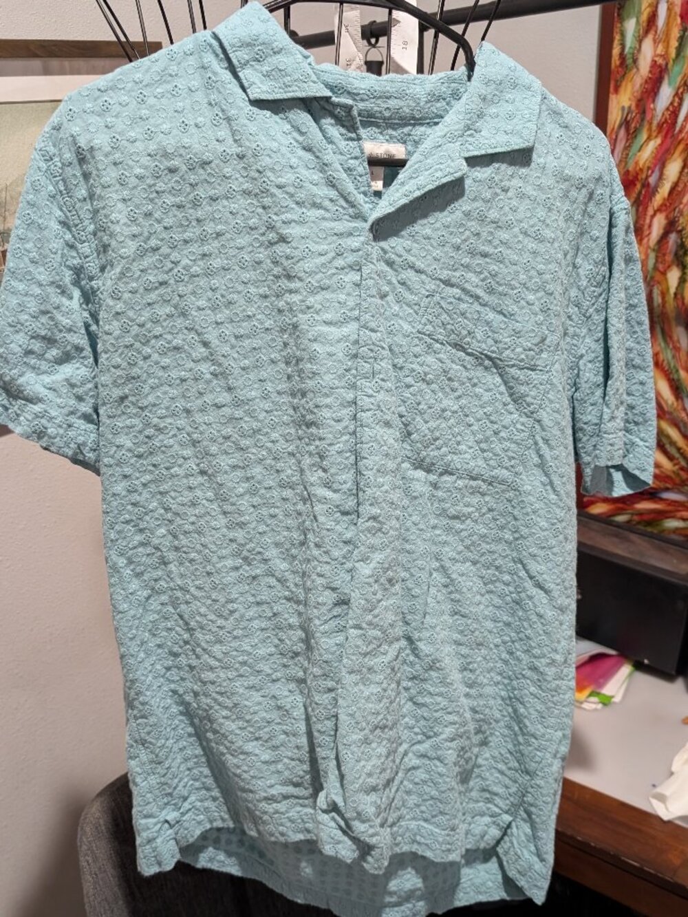 Sun + Stone Men’s L Aqua Textured Short Sleeve Button Down Shirt